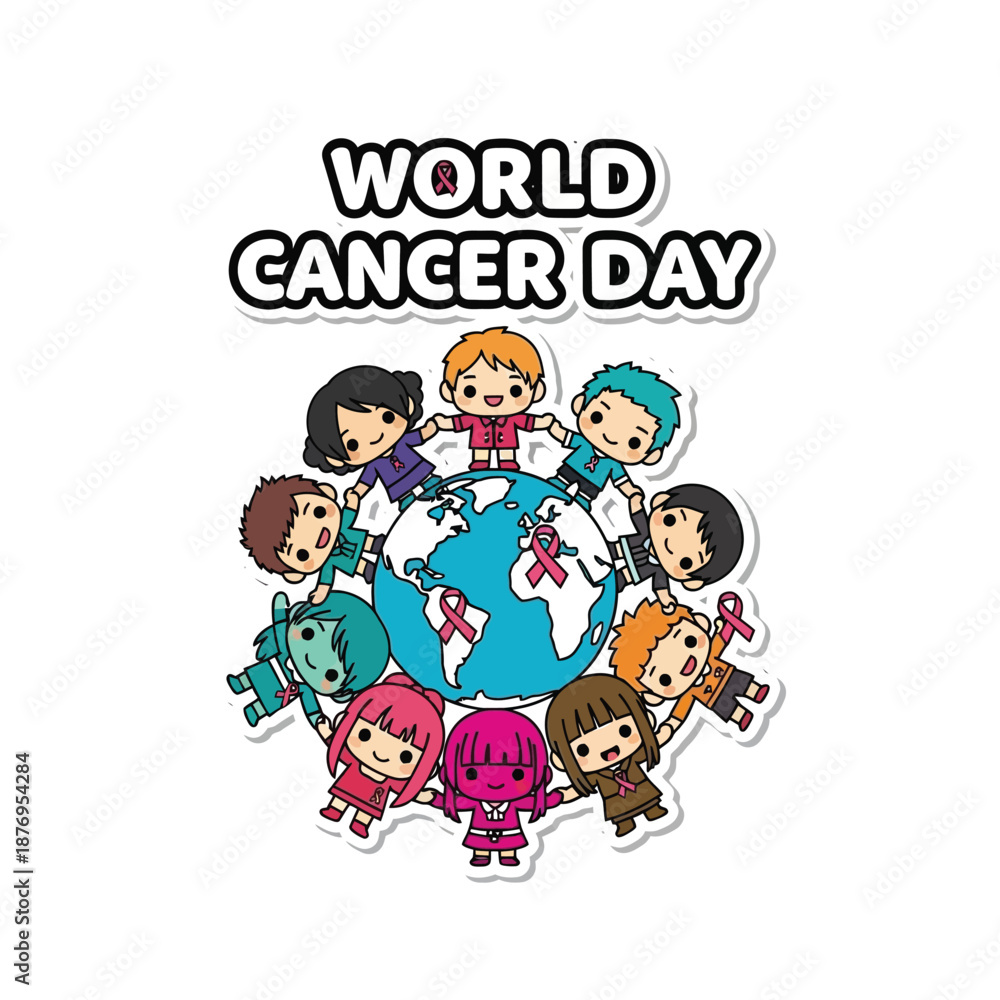 Fototapeta premium Diverse children united around the globe for World Cancer Day, symbolizing global cancer awareness and community support, raising health consciousness