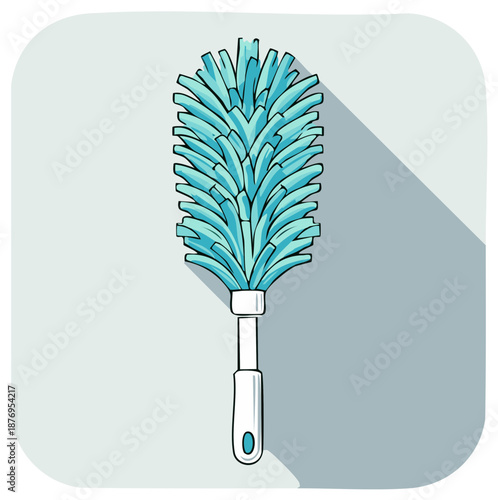 Cartoon style feather duster in cyan and white with a long shadow, cleaning supplies illustration