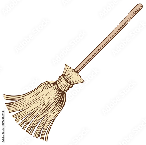 Broom vector illustration, halloween decoration icon element in sketch style