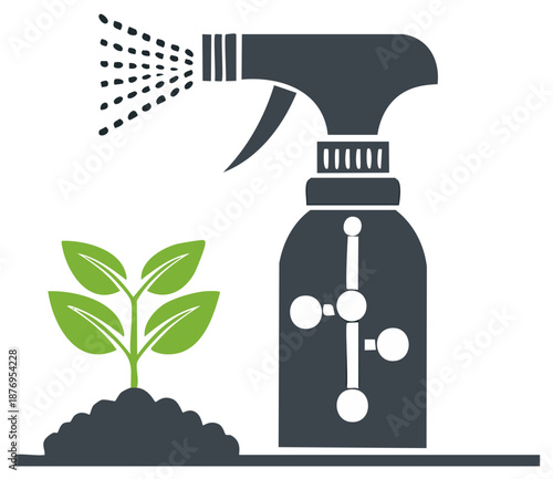 Green plant receiving chemical spray from bottle for garden growth and care