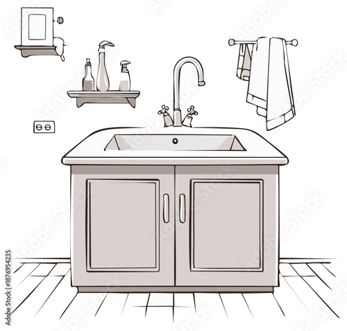 Bathroom sink with cabinet, shelf, towels and accessories