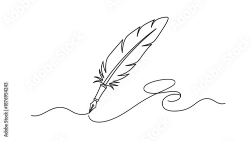 Simple Line Drawing of a Quill Pen Writing.
