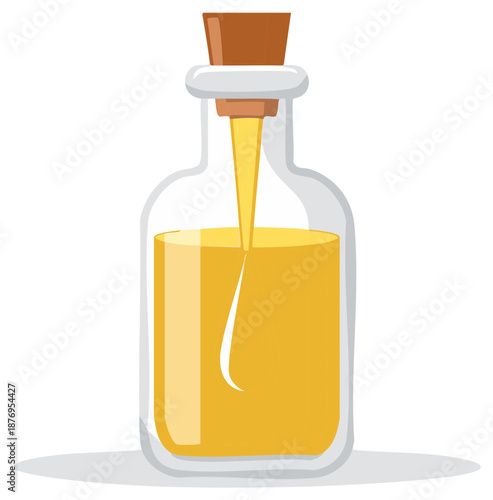 Clear glass bottle with cork stopper filled with golden liquid oil and a dripping drop