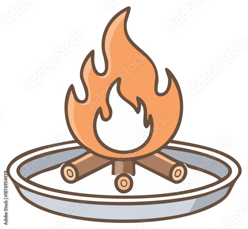 Cartoon campfire illustration with burning flames and logs in a fire pit