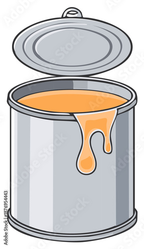 Open Can of Orange Food Product with Liquid Drip, Preserved Food Container, Cartoon Illustration, Isolated