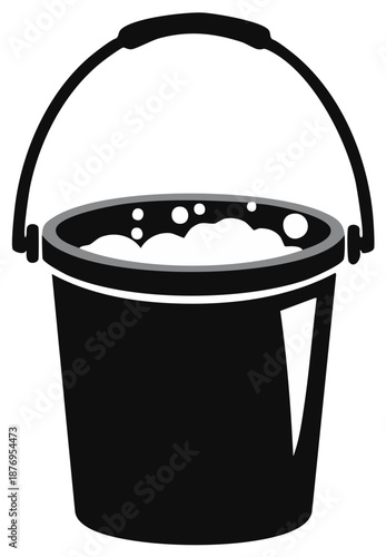 Black cleaning bucket filled with soapy water and white foam bubbles illustration