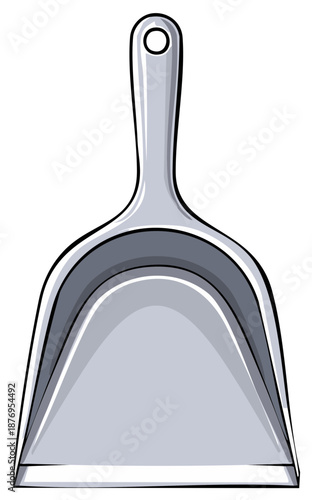 Simple illustration of a modern silver dustpan with a hanging hole on its handle