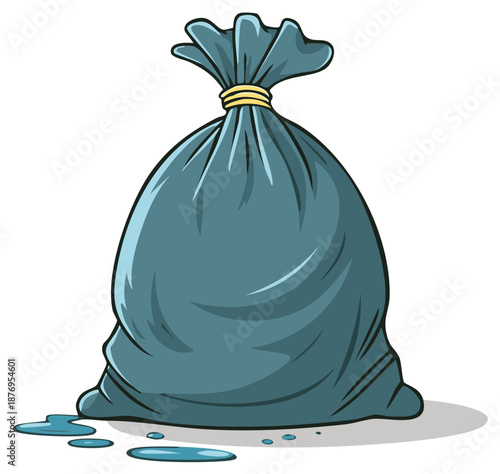 Full Trash Bag Leaking Liquid Blue Plastic Garbage Sack Tied Closed