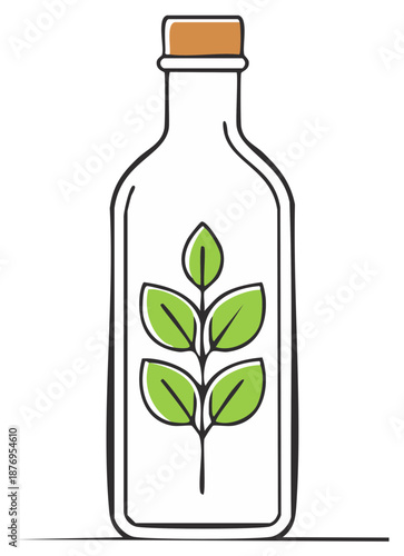 Organic green sprout growing in a glass bottle with cork stopper hand drawn illustration