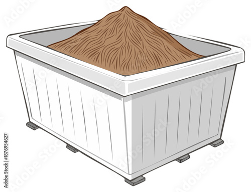 Cartoon illustration of a large white rectangular container filled with a mound of brown soil or compost.