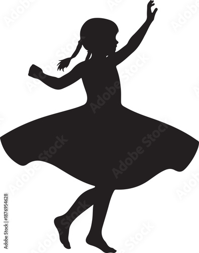 A playful silhouette of a young girl with pigtails joyfully dancing and twirling