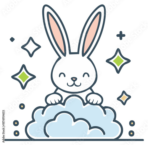 Smiling white rabbit with pink ears in blue cloud surrounded by star sparkles
