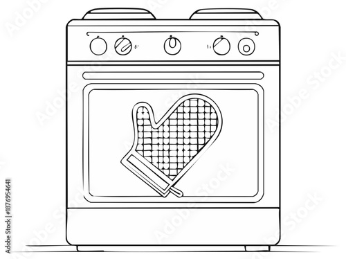 Kitchen Stove Oven with Mitten Illustration, Cooking Appliance Graphic Design Element