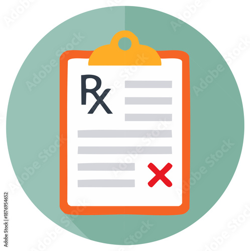 Medical prescription with decline, flat illustration for healthcare or pharmaceutical themes. Rx form, red X and orange clipboard.