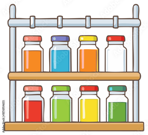 Colorful cartoon jars with various liquids on a two tier science rack