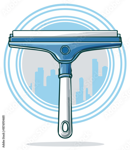 Cartoon illustration of a blue window cleaning squeegee with cityscape in background