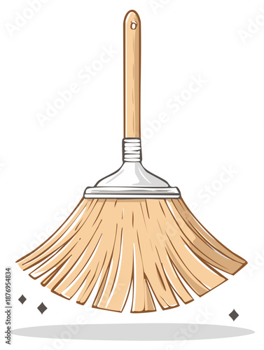 Cartoon style broom sweeping dust particles with wood handle
