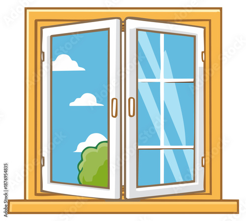 Cartoon illustration of an open window with a view of clouds and a tree.
