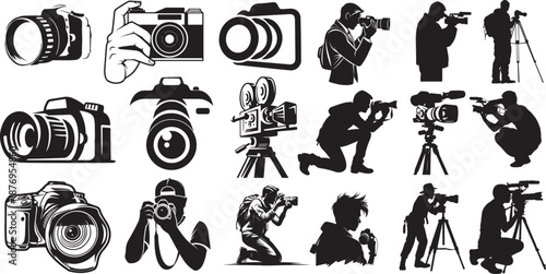 A diverse collection of black and white camera illustrations and a silhouette of a photographer in action