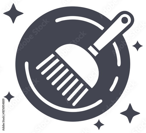 Cleaning brush and a plate illustration, surface sanitation and sparkling effect symbols.