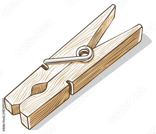 Classic Wooden Clothespin with Metal Spring and Visible Wood Grain Texture