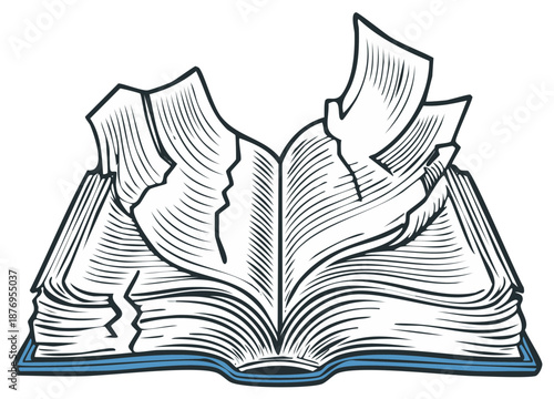 Vintage woodcut style illustration of an open book with torn damaged pages
