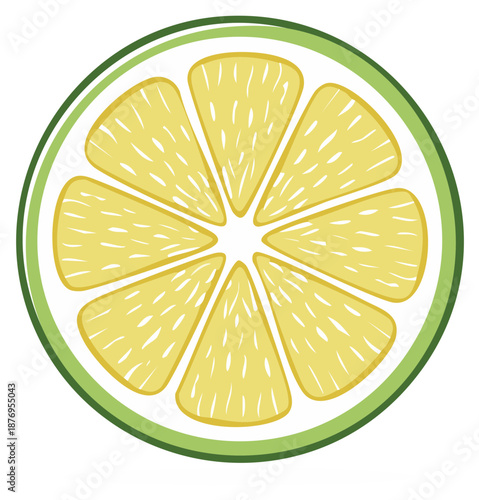 Graphic Illustration of a Lemon Slice with Eight Segments and Green Peel