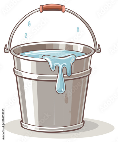 Metal bucket filled with water, spilling over, with water droplets illustration
