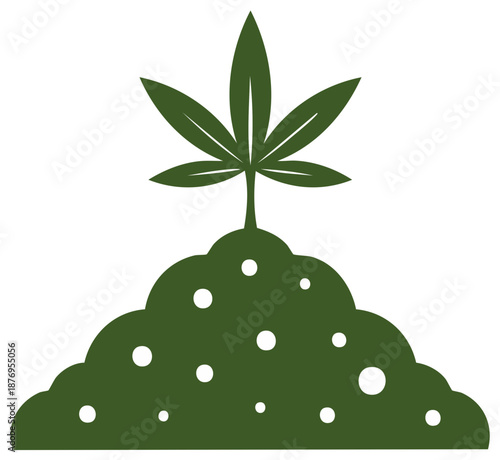 Green cannabis plant illustration, growing from dirt, stylized design, isolated
