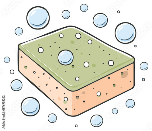 Doodle Style Sponge with Bubbles Around Cleaning Illustration Featuring Soap and Water Depicting Hygiene