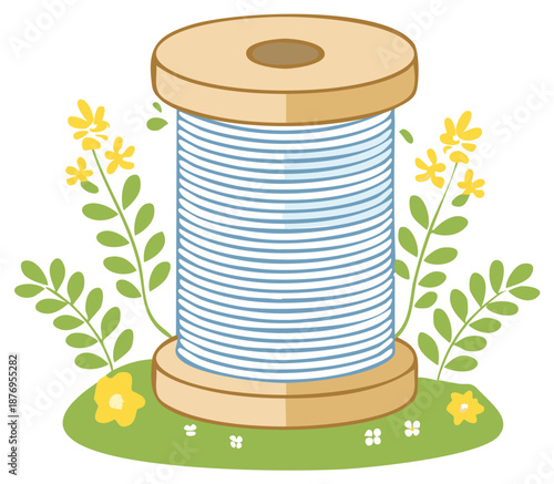 Wooden Spool of Thread with Flowers and Green Patch, Cartoon Style Crafting Illustration