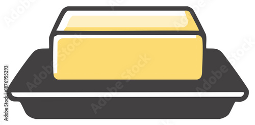 A stylized illustration of a yellow butter block resting in a dark butter dish