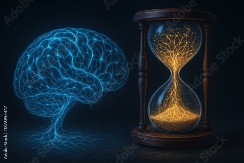 Futuristic AI Brain and Hourglass Symbolizing Time and Technology