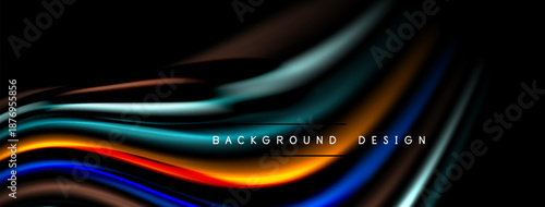 Abstract flowing lines create vibrant, modern background. Colors blend, forming dynamic visual texture. Dark backdrop enhances luminosity.