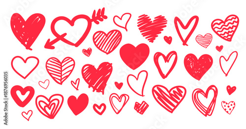 Vector illustration of red hand drawn hearts. Cute doodle isolated elements