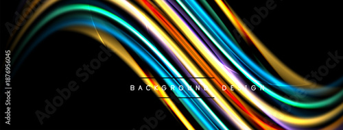 Abstract colorful waves flow across black background. Bright lines create dynamic, modern visual effect. Smooth curves suggest movement.