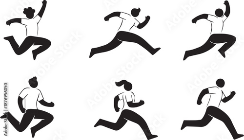 Dynamic People Running and Jumping Action Silhouette Vector Set