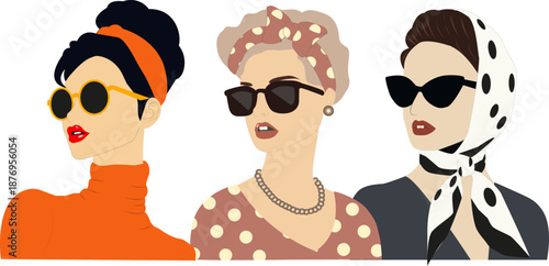 Retro women portraits in sunglasses set