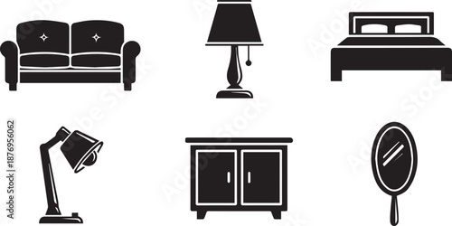Modern Home Furniture and Interior Decor Silhouette Vector Icon Set