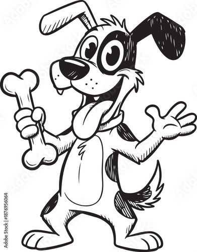 Happy cartoon dog with a bone, showing off its favorite treat with a wide grin