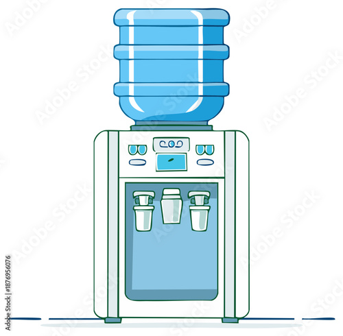 Clean vector art of a modern office water cooler with bottled dispenser and ready cups