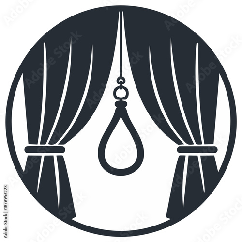 Illustration of a noose hanging in front of curtains inside a circle