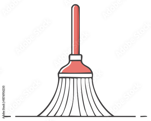 Hand drawn illustration of red cleaning broom with long handle for sweeping floors in house rooms or commercial buildings