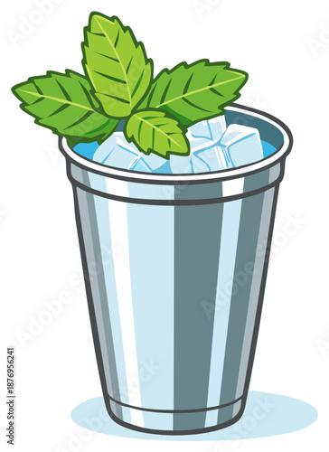 Refreshing beverage with ice cubes and mint leaves in a stainless steel cup, cold drink illustration
