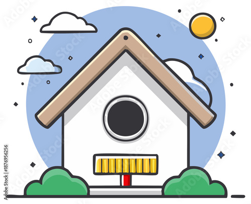 Cute cartoon birdhouse with a full feeder under a sunny sky and clouds, surrounded by green bushes