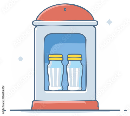 Cute cartoon illustration of a modern vending machine or milk dispenser with bottles of fresh dairy