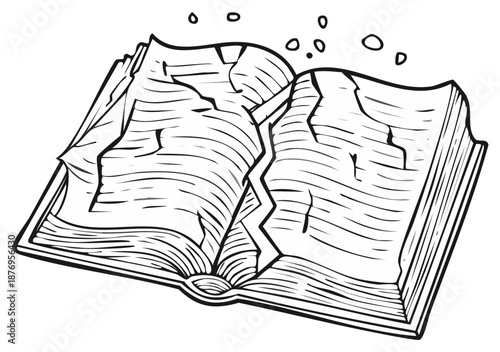 Vector line art illustration of an old open book with cracked and crumbling pages