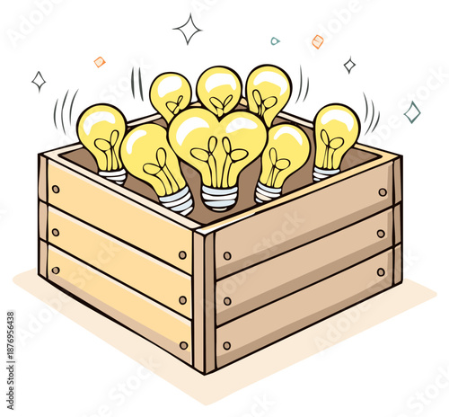Cartoon Wood Box brimming with Ideas, Innovation, and Creative Solutions