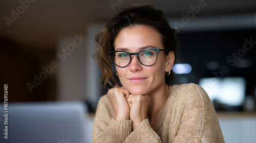 a busy professional business woman working on a laptop indoors, watching an online webinar or e-learning course