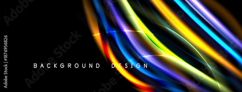 Abstract colorful lines form dynamic curve. Black background emphasizes vibrant design elements, creating modern visual impact.